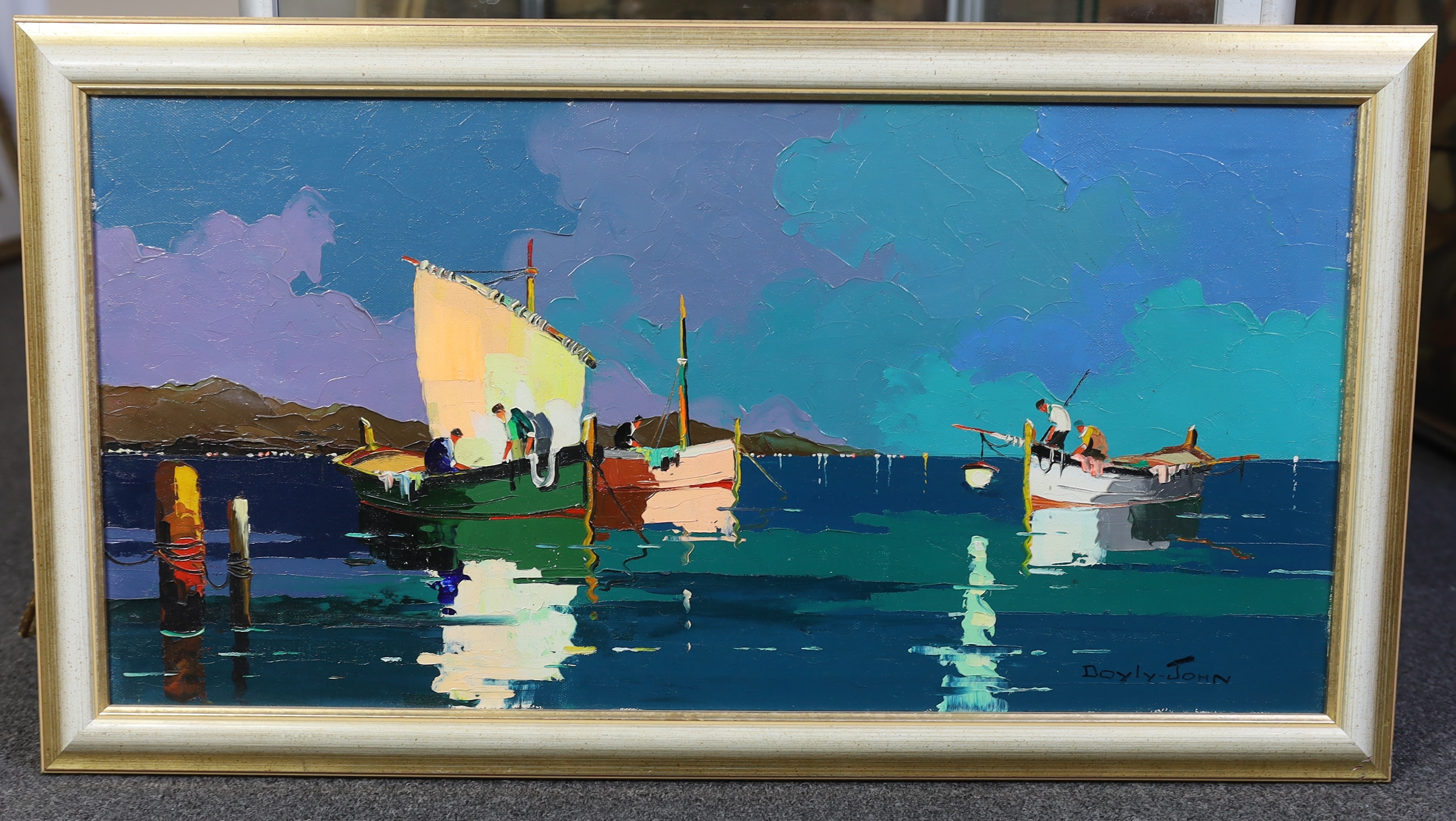 Cecil Rochfort D’Oyly John (English, 1906-1993), 'Night fishermen off French coast at Cap d'Antibes, near Nice', oil on canvas, 35 x 70cm
